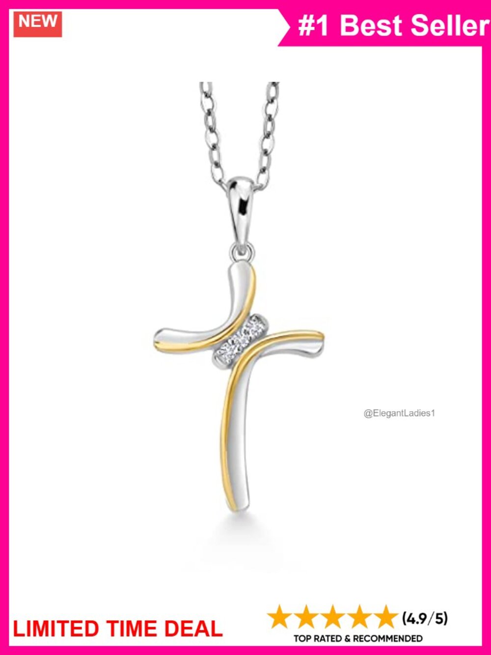 925 Sterling Silver 10K Yellow Gold Lab Grown Diamond Cross Pendant Necklace